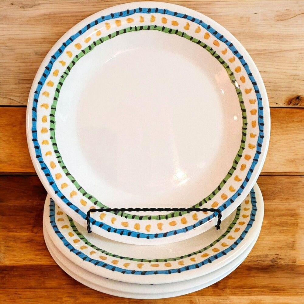 DANSK Melamine Plastic Dinner Plate White with Yellow Dots Outdoor Set of 4